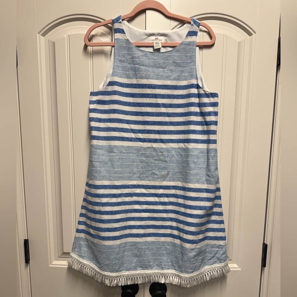 Vineyard Vines Blue/White Striped Sleeveless Dress Fringe Bottom Sz 10 Boho Chic
